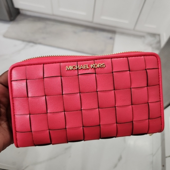 🔹️MICHAEL KORS🔹️ pink geranium Jet Set  large zip around continental Wallet - Picture 1 of 12